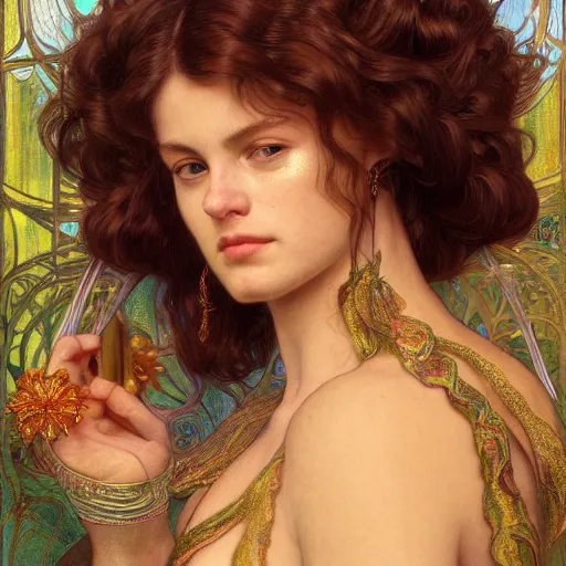 Image similar to an portrait of a beautiful alluring female goddess, detailed, centered, digital painting, artstation, concept art, donato giancola, Dante Gabriel Rossetti, alphonse mucha, Joseph Christian Leyendecker, WLOP, Boris Vallejo, Breathtaking, 8k resolution, extremely detailed, beautiful, establishing shot, artistic, hyperrealistic, beautiful face, octane render