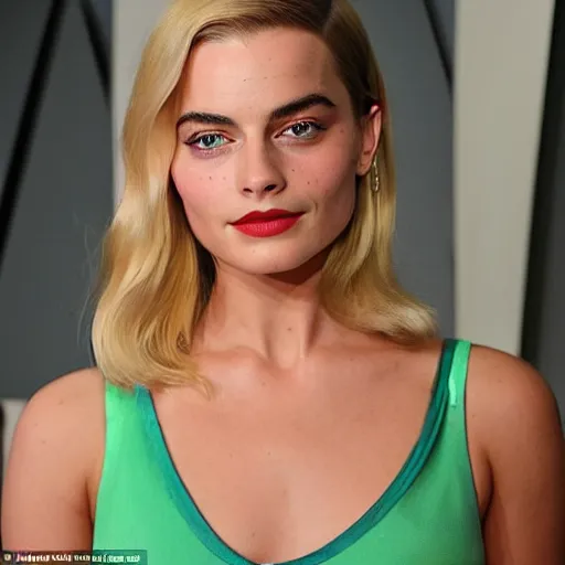 Image similar to a woman who is a genetic combination of margot robbie and emma watson face and upper - body focus