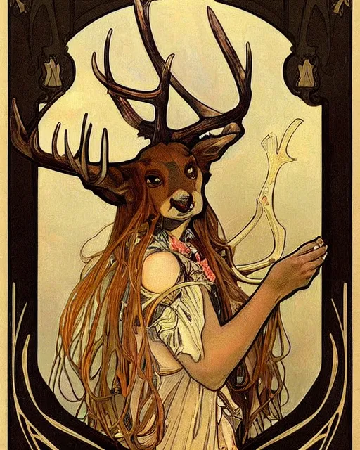 Image similar to an art nouveau painting of a deer with antlers, highly detailed, intricate, artstation, by alphonse mucha