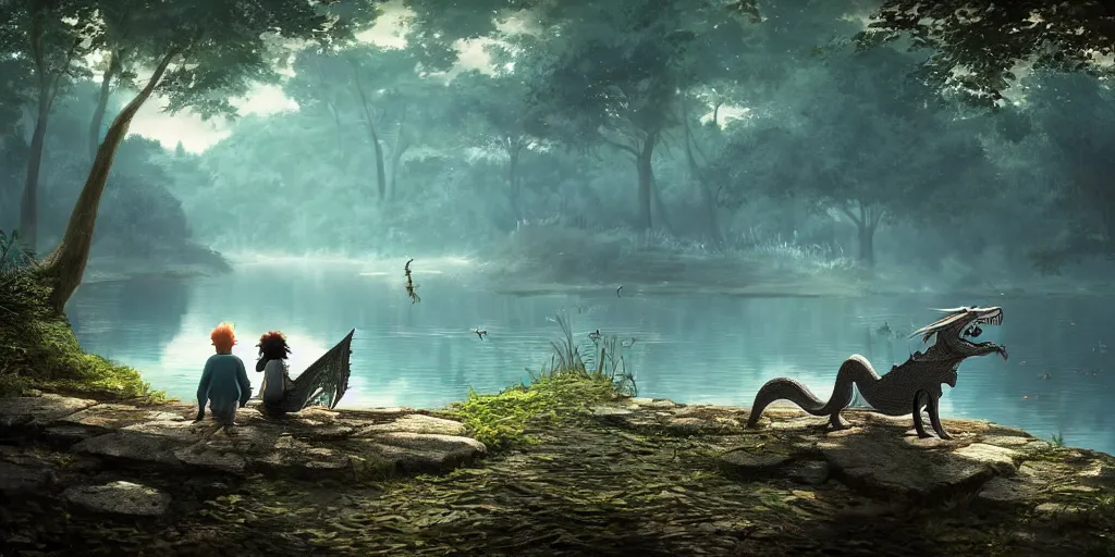 Prompt: a silver dragon and a boy sitting next to lake in forest, many fireflys, at night, concept art, dof, cryengine, digital art, detailed background, makoto shinkai