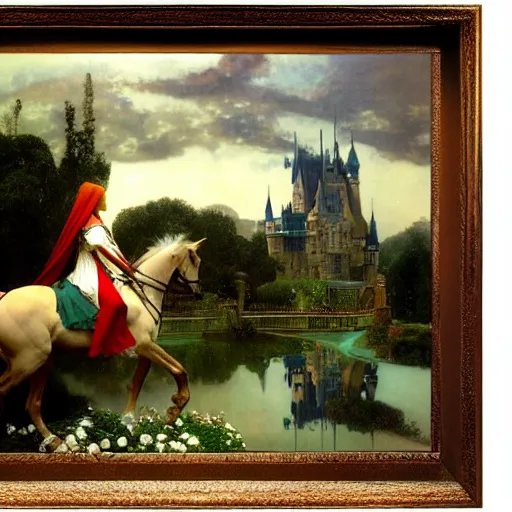 Image similar to Girl riding a horse leaving the castle through the bridge, thunderstorm, french garden on the background major arcana sky, by paul delaroche, alphonse mucha and arnold böcklin arnold böcklin hyperrealistic 8k, very detailed