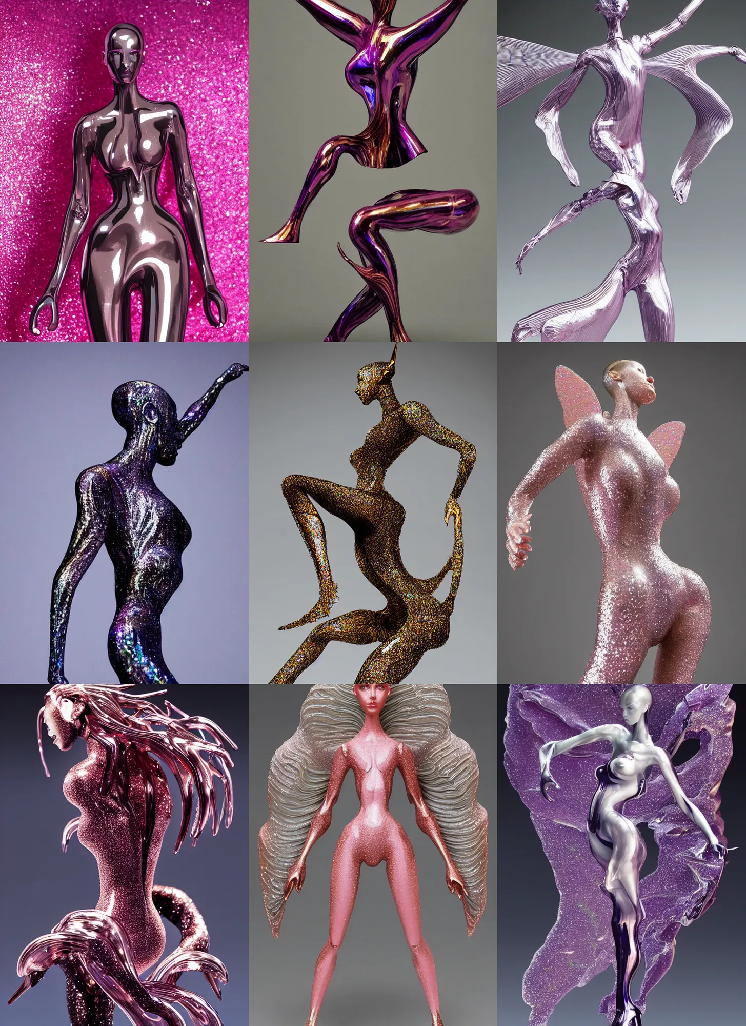 Prompt: iris van herpen isolated vinyl figure voluptuous magical girl character design, figure photography, dynamic pose, holographic undertones, motion shapes color design, glitter accents on figure, anime stylized, sharp focus, accurate fictional proportions, high delicate defined details, ethereal lighting