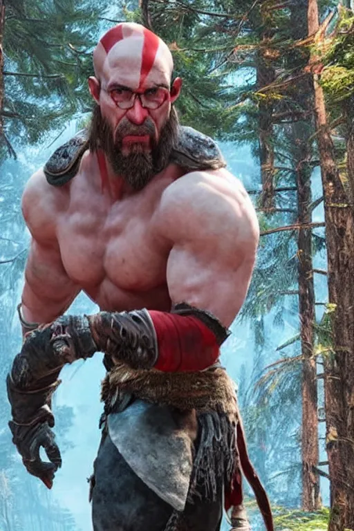 Image similar to Sam Hyde in God of War 4, sigma male, rule of thirds, speaking at Tedx stage, unreal engine