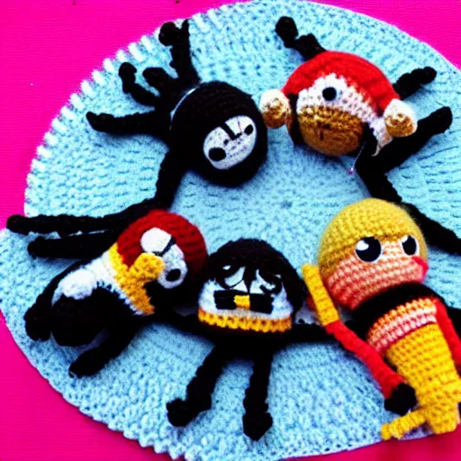 Image similar to toy beatles group created with crochet wool playing music