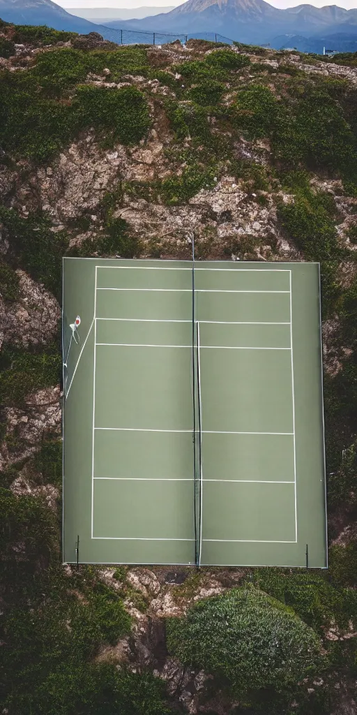 Image similar to Tennis court between mountains and sea. the style of National Geographic magazine