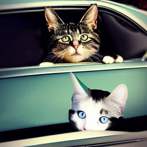 Prompt: a cat in the car, creative photo manipulation