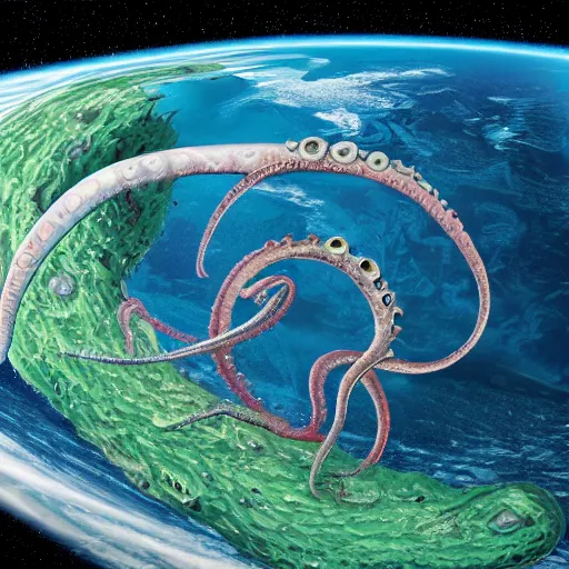 Image similar to photo of the earth from space with giant space octopus tentacles encircling the planet, tentacle covered planet, space monster, photorealistic, highly detailed