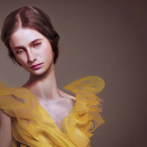 Image similar to portrait of woman with perfect skin, flowing yellow dress, glowing, ornate, jaw dropping beauty, glowing background lighting, white accent lighting, hyper detailed, 4 k octane render