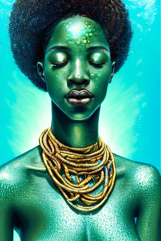 Prompt: hyperrealistic full body! very expressive! translucent!! african goddess, cinematic underwater scene with fish and algae, gold jewerly, highly detailed face, digital art masterpiece, smooth eric zener cam de leon, dramatic pearlescent turquoise light on one side, low angle uhd 8 k, shallow depth of field