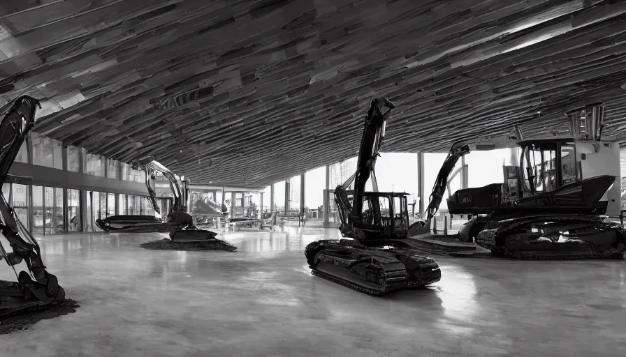 Prompt: extremely beautiful softly lit interior photo of futuristic construction equipment, excavator, backhoe, black, polished metal, gleaming, black and white corporate decals, polished concrete floor, sharp focus, clear focus, beautiful, award winning photo, extremely beautiful lighting, cinematic, modern, render, architectural, architecture, realistic, clear