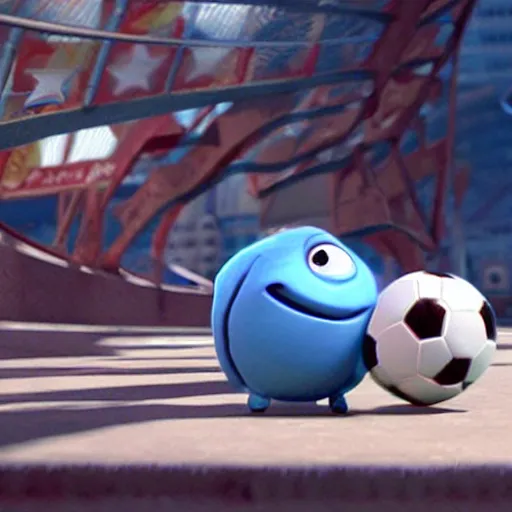 Image similar to movie still of the cutest sentient soccer ball ever, pixar, animation, cute,