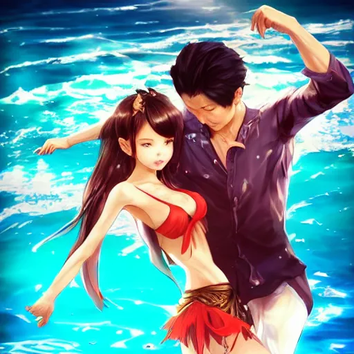 Prompt: semi realistic portrait Salsa Dancing inside clear blue ocean water in blade and soul spinoff by Artgerm Lau , color overlay, rim light and highlights , Gesture draw, Salsa Social Dance, couple, Salsa tricks, WLOP, Hyung-tae Kim, Rossdraws, Gesture draw, James Jean, Andrei Riabovitchev, Marc Simonetti, and Sakimichan, trending on artstation