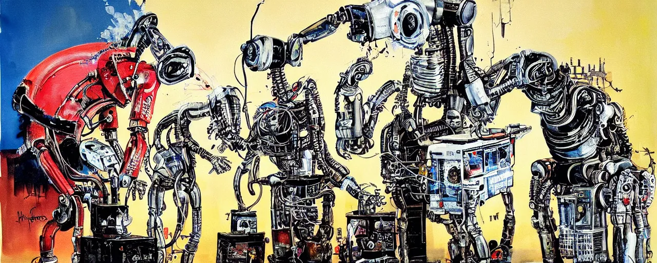 Image similar to an awesome ralph steadman painting of a robot reprogramming its head with a welding torch