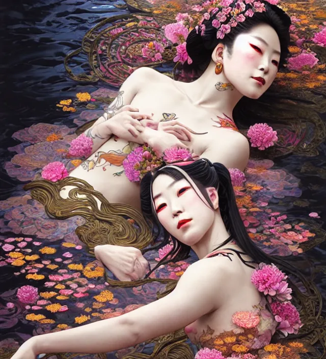 Image similar to baroque portrait of one yakusa biomechanic geisha with tattoos is lying down in a river made of thousand of flowers, backlighting, photorealistic, octane render, 8 k, depth of field, art by artgerm and greg rutkowski and alphonse mucha and uang guangjian