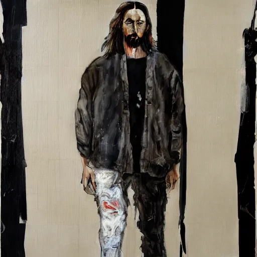 Image similar to a full body lookbook portrait of modern - day jesus wearing virgil abloh off - white menswear and sneaker collection by nicola samori, detailed, realistic oil painting, hyper - realistic, 8 k, off - white collection