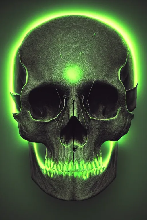 Prompt: photorealistic dark fantasy concept art of a glowing human skull with a green neon outline and a Pentagram etched into it's forehead, dynamic lighting, stunning visuals, realism, cinematic, hyper detailed, ultra detailed, beautiful visuals