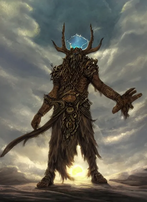 Image similar to druid from dungeon and dragons starring at the sky, with arms up, praying at the sun, matte painting, fantasy art