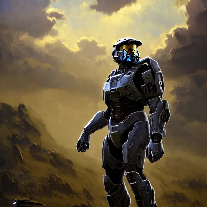 Image similar to Robert Downey Jr wearing Forerunner armor from Halo, countryside, calm, fantasy character portrait, dynamic pose, above view, sunny day, thunder clouds in the sky, artwork by Jeremy Lipkin and Giuseppe Dangelico Pino and Michael Garmash and Rob Rey and Greg Manchess and Huang Guangjian, very coherent asymmetrical artwork, sharp edges, perfect face, simple form, 100mm