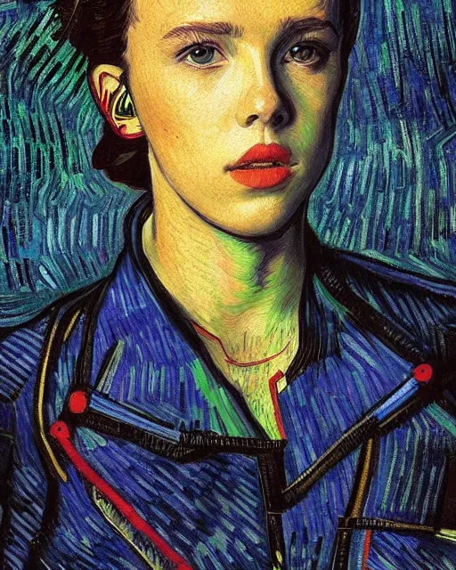 Image similar to portrait of cyberpunk millie bobby brown by vincent van gogh, digital art