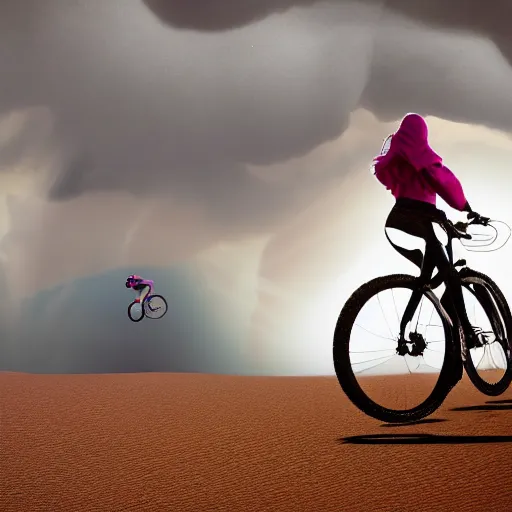 Prompt: 4 k photograph of a girl wearing floating cloth riding a bike across the desert wearing a glass helmet. birds follow her in the background and a storm is dark and powerful