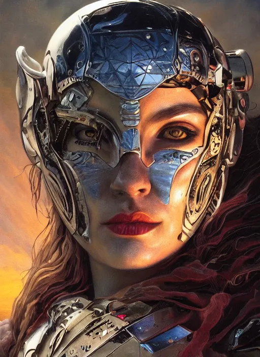 Image similar to symmetry! closeup portrait of a beautiful biblical diabolical agile girl, cyborg armor, in clouds, cinematic studio light! windy, sunset, by gerald brom, by mikhail vrubel, by peter elson, high contrast, muted colors, extreme detail, mirrors! trending on artstation, 8 k