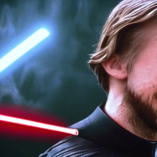 Image similar to Ryan Gosling pierce Darth Vader with a lightsaber , hyper realistic, 4k, 8k, cinematik