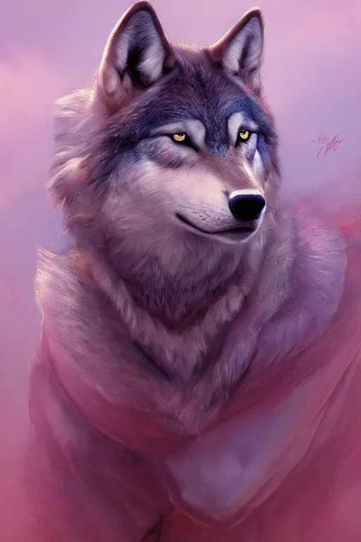 Prompt: painted portrait of realistic wolf wearing pink shirt, mature, handsome, blue eyes, intricate, digital painting, artstation, concept art, smooth, sharp focus, illustration, art by gaston bussiere and greg rutkowski