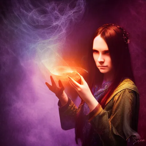 Prompt: portrait of a female warlock casting a magic spell, blueish aura by her side, mystic, fantasy, magic, award winning photography, hdr, studio lighting medium close shot, mucha style,