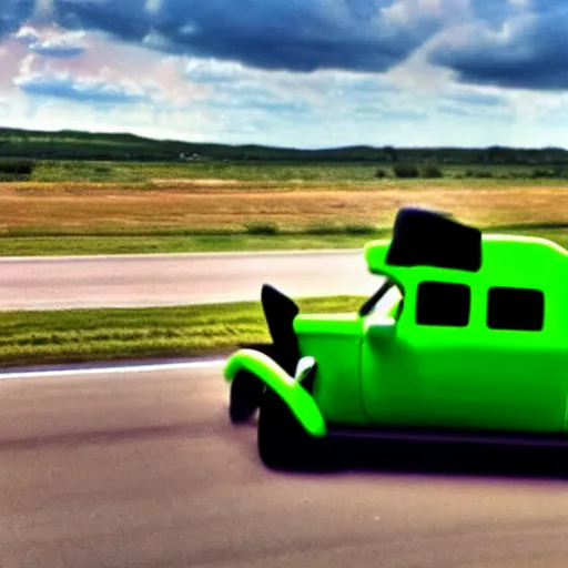 Image similar to kermit in a cowboy hat rolling coal on the highway