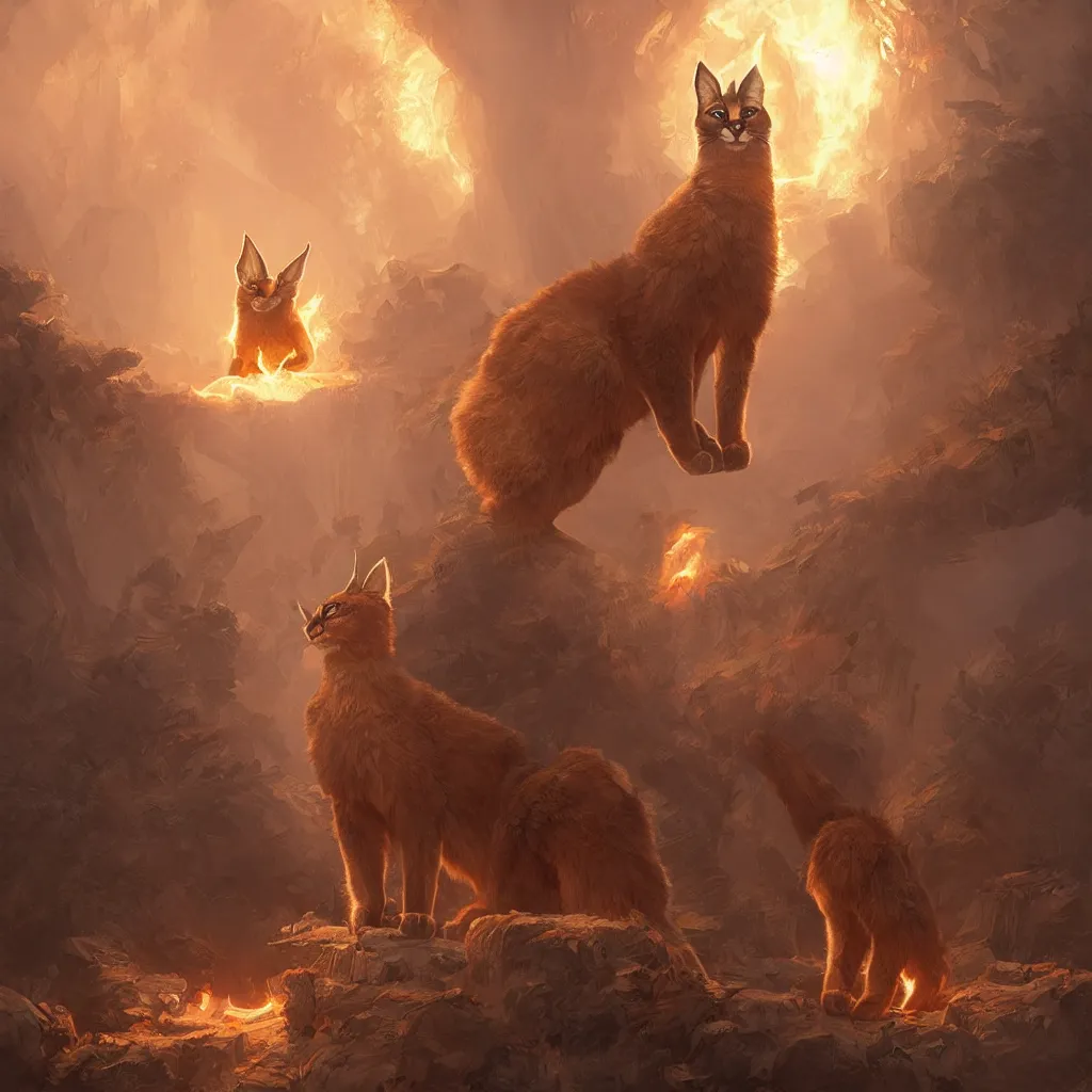 Prompt: many cute fluffy caracals, fire, magic, symmetric, fantasy epic legends stylized digital illustration radiating a glowing aura global illumination ray tracing hdr fanart arstation, 8 k, art by greg rutkowski