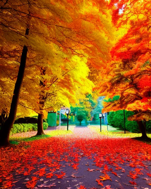 Prompt: Golden autumn, Spreads out Spreads out the leaves, Colorful leaves are lying on the ground, colorful autumn trees, red-yellow colors, autumn, vaporwave pastelwave