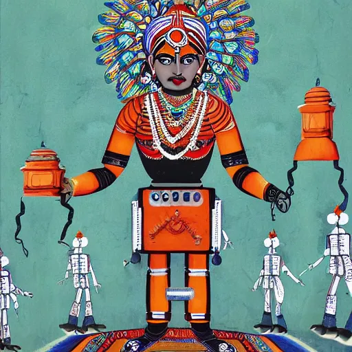 Prompt: a detailed and beautiful indian mural portrait of a futuristic emporer presiding over a robot army