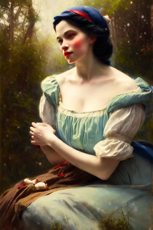 Image similar to photograph imax and solomon joseph solomon and richard schmid and jeremy lipking victorian loose genre loose painting full length portrait painting of snow white disney