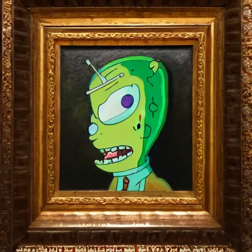 Prompt: a majestic oil painting of pickle rick, hanging in the louvre, incredible detail