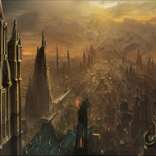 Prompt: an ultra detailed matte painting of a lonely and impossibly elevated temple district of the damned god, with a lone tall ominous gothic dark tower elevated high above the city, in a river elevated high above the city, fantasy capital city, ultrawide lense, aerial photography, volumetric lighting, exquisite detail, 8 k, art by greg rutkowski and alphonse mucha