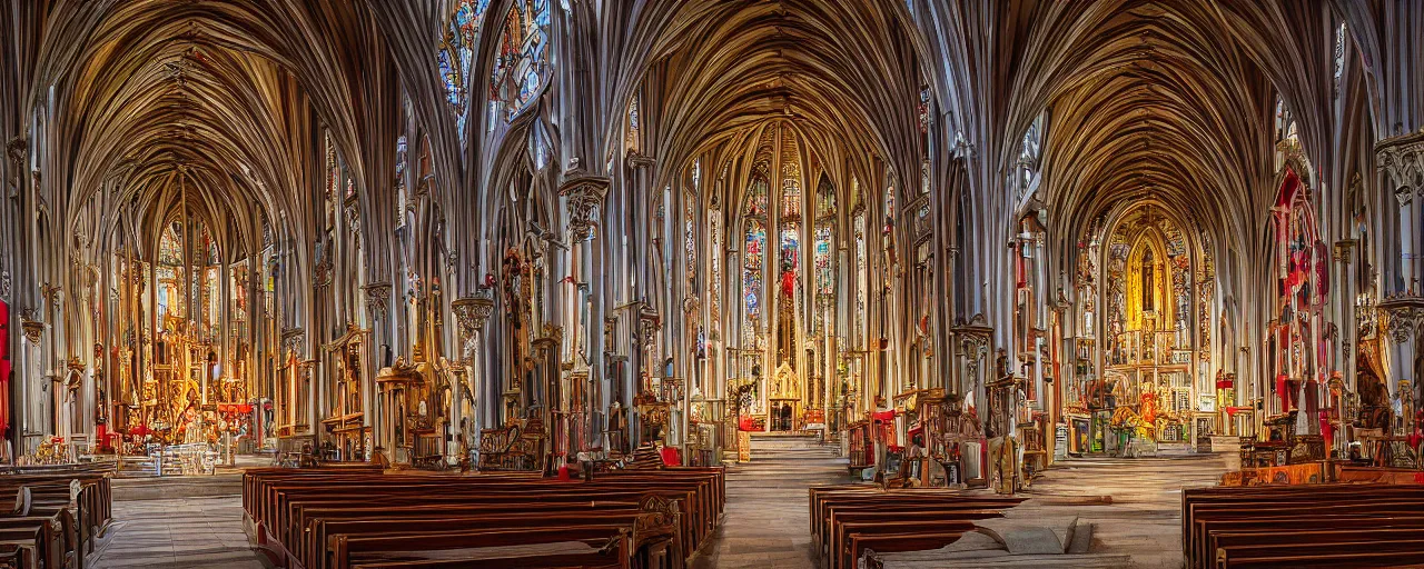 Image similar to a catholic church made out of candy, 4 k hdr, smooth, sharp focus, hyper realistic, award - winning photo, old english artstyle