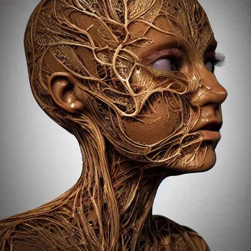 Prompt: beatifull frontal face portrait of a woman, 150 mm, anatomical, flesh, flowers, mandelbrot fractal, facial muscles, veins, arteries, symmetric, intricate, golden ratio, full frame, microscopic, elegant, highly detailed, ornate, ornament, sculpture, elegant , luxury, beautifully lit, ray trace, octane render in the style of peter Gric , alex grey and Romero Ressendi