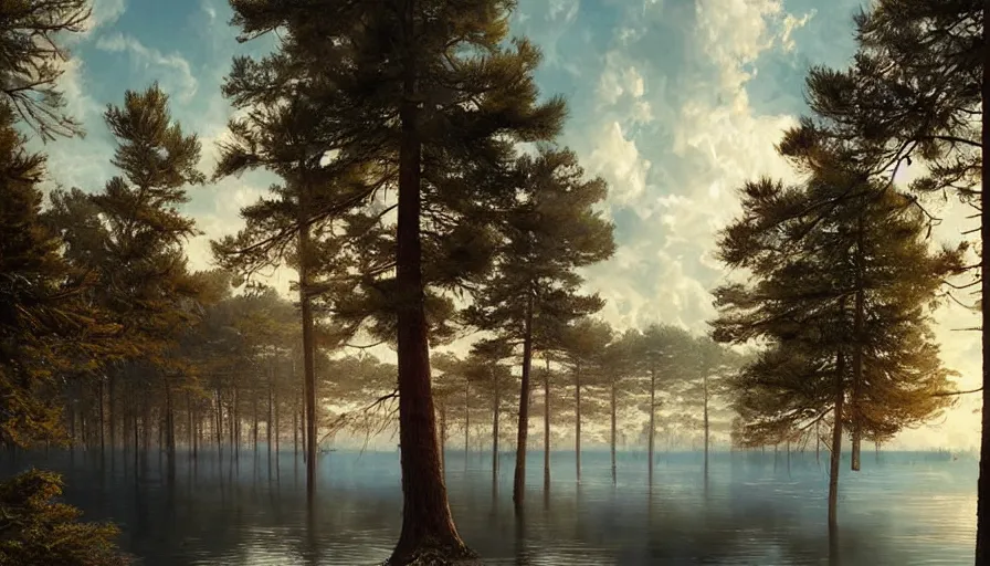 Image similar to portrait of a large lake surrounded by pine forest, highly detailed, sunny, blue sky, cinematic lighting, highly angle, godrays, volumetric, photorealistic, digital art painting by greg rutkowski