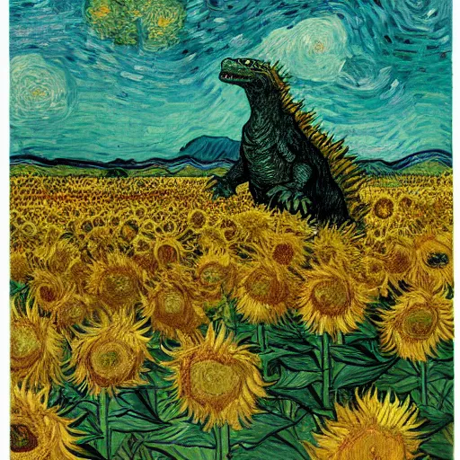 Image similar to godzilla standing in a field with sunflowers by Vincent van Gogh