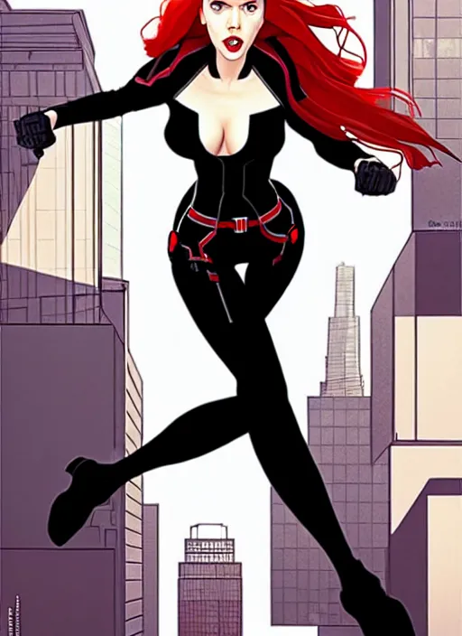 Image similar to phil noto, pretty scarlett johansson black widow, symmetrical eyes, long red hair, full body, city rooftop