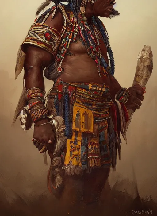 Prompt: A painting of a tribal chief, epic ornate details, trending on artstation in the style of Greg Rutkowski