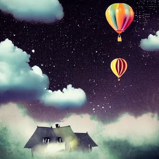 Image similar to smiling hippy, balloon journey, pulp adventure, flying camp, dark moody night sky, fluffy clouds of subtle opacity, cozy cabin, flying high, gradient aperture