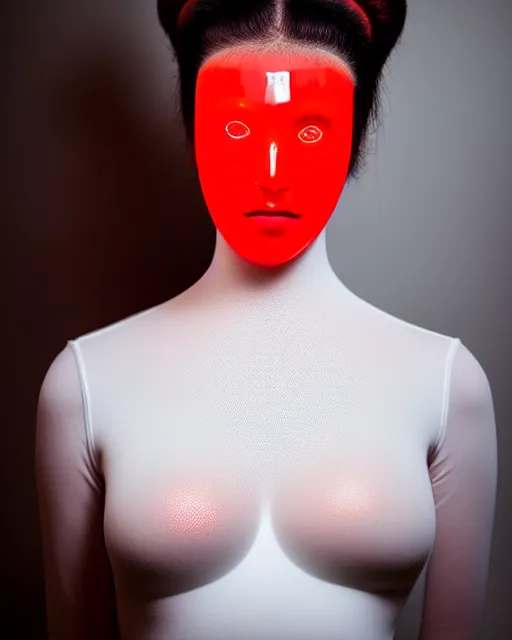 Image similar to symmetrical portrait of a woman wearing a red embroidered translucent silicone mask and white frizzy hair buns, wearing a silicone white bodysuit, cream white background, soft diffused light, biotechnology, futuristic aesthetic, translucent, ethereal, intricate details, highly detailed, masterpiece,