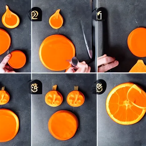 Image similar to making of an edible giraffe from an orange step by step, starting from the firs step, a whole orange, each step is a progression