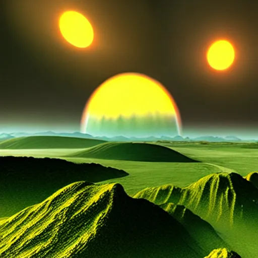 Image similar to a photorealistic landscape of a trisolaris system