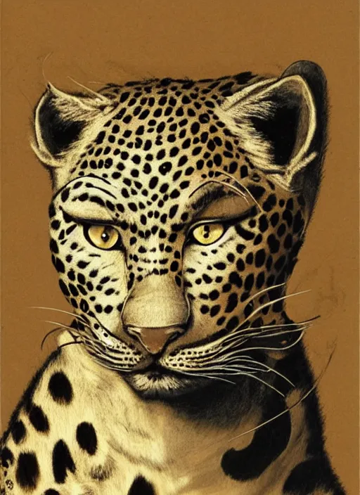 Prompt: leopard warrior head and shoulders portrait, anthropomorphic, yoshitaka amano style, norman rockwell, furry art