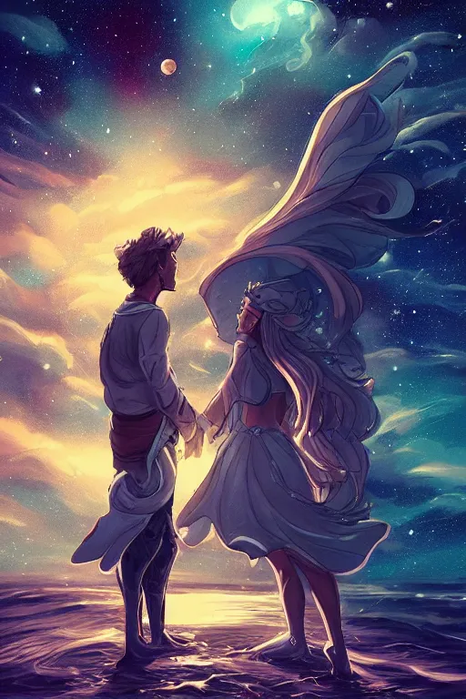 Image similar to man and woman sea and night sky with stars and galaxies, ornate detailed background, trending on artstation, by rossdraws