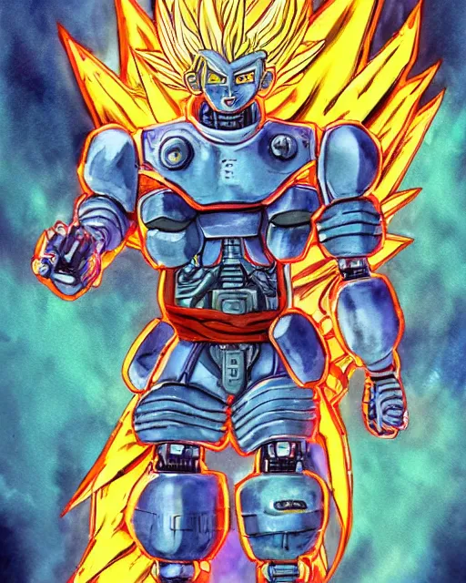 Image similar to a watercolor painting full body character portrait of a cybernetic half robot super saiyan in the style of moebius in the style of leonard boyarsky trending on artstation deviantart pinterest hyper detailed photorealistic highlights and shadow hd 8 k post - processing high resolution