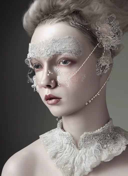 Prompt: high intricate porcelain baroque stunning woman portrait, lace collar, string of pearls, bird feathers, 8 k, glitter skin very white hyperrealistic hyperdetailed pastel, maria panfilova, andrea savchenko, sensual mike kime, ludovic plouffe, qi sheng luo, oliver cook, trending on artstation