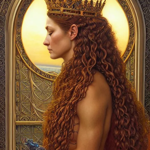 Image similar to highly detailed portrait of a majestic lioness queen in the form of a beautiful woman. d & d, art by donato giancola and evelyn de morgan. trending on artstation, intricate details, energetic composition, golden ratio, concept art, illustration, elegant art, global illuminaition